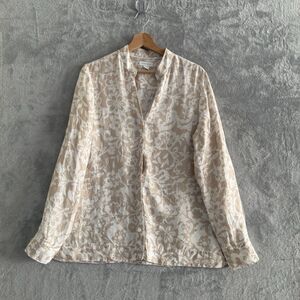 Charter Club Blouse Womens 14 100% Linen Brown White Floral Roll Tab Sleeve